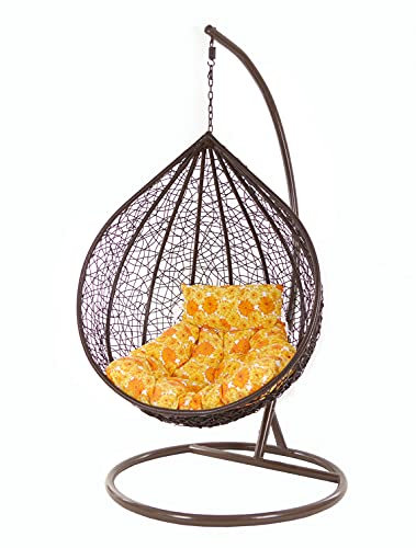 KIDEO Komplettset: XXL Hängesessel mit Gestell & Kissen, Indoor & Outdoor, Poly-Rattan, braun, groß (Kissen: Chesterstepp gelb geblümt [2300 Sunflower])