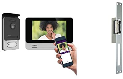 Philips - Visiophone - WelcomEye Connect 2, Visiophone connecté au Smartphone, Fonction Message d'absence Visiteurs & Extel Gâche Serrure électrique avec Passage de Serrure WECA 90