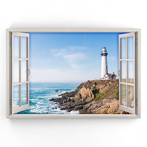 Estika - Cuadro sobre lienzo con vista de ventana - faro, mar - 90 x 60 cm - 1 pieza, decoración moderna para salón, dormitorio, paisajes naturales - 5961B_1L