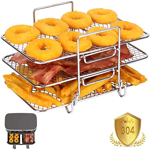 YQL Air Fryer Rack for Ninja Dual, Three-Layer 304 Stainless Steel Airfryer Shelf Dehydrator Rack, AF300UK Accessories, Stackable Air Fryer Accessories for Ninja,Tower,Salter,EMtronics Double Basket