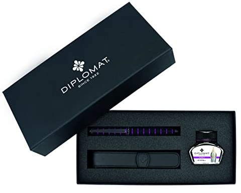 DIPLOMAT - Presentset reservoarpenna ---- ring – svart och lila – 1 reservoarpenna + 1 bläckhorn + 1 läderfodral – 5 års garanti