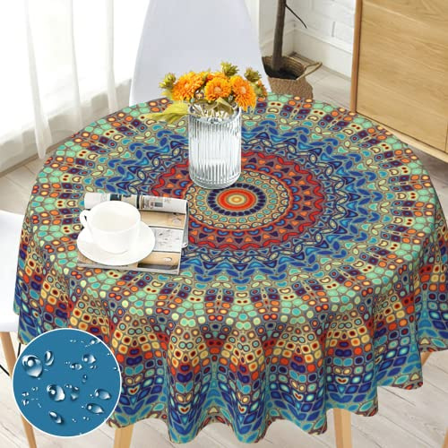 Tischdecke Rund 150 cm Wetterfest Abwaschbar - Polyester Boho Mandala Muster - Outdoor Tischdecke für Garten Küche Esszimmer Balkon - für 4-6 Personen - Wasserdicht & Langanhaltend