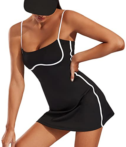 Move With You Womens Workout Tennis Dress with Built-in Bra & Shorts Pockets Sleeveless Exercise Golf Dresses(Black,S1)