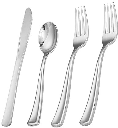 Liacere 200Pcs Silver Plastic Cutlery - Silver Plastic Silverware- Disposable Silverware - 100 Forks, 50 Spoons, 50 Knives Perfect for Wedding＆Christmas