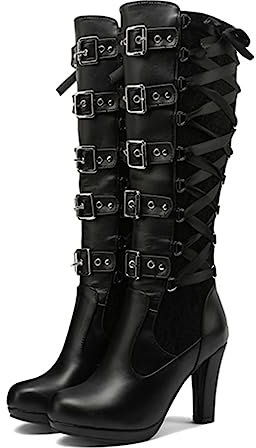 CRETUAO Knähöga kängor för kvinnor, Modenitspänne Bälte Bow Rider Boots, Sexiga steampunk Chunky högklackade långa stövlar, Spetspanel Rund Toe Back Zipper Pumps,Black,42 EU