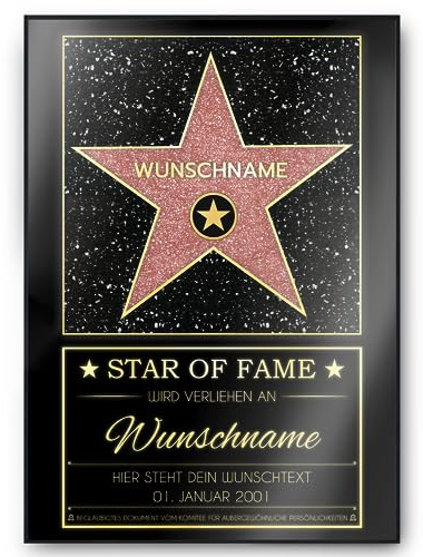 Tigerlino® Personalisierte Urkunde Hollywood Stern Walk of Fame personalisiertes Geschenk Wanddeko Dekoration Geburtstag Geschenk für Männer Frauen Anerkennung Wertschätzung Andenken