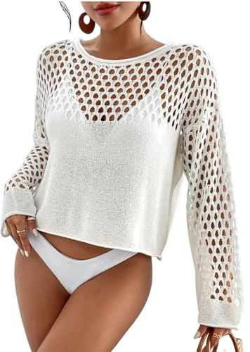 Bsubseach Gehäkelte Badeanzug für Frauen Hohlen aus Beachwear Lange Ärmel Strand Outfits Weiß S