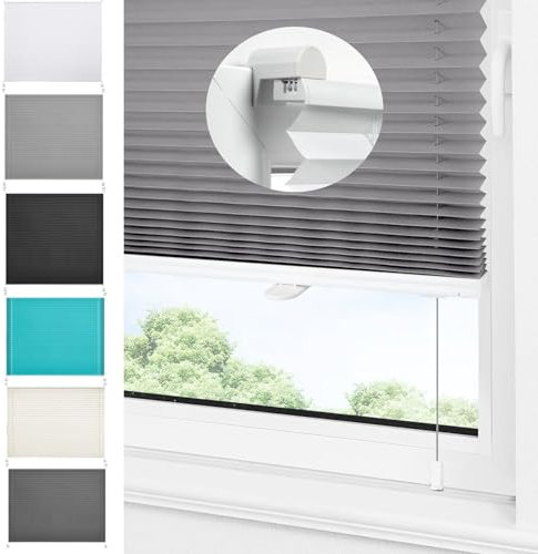 Thermo Plissee Ohne Bohren 105 x 210 cm Verdunklungsplissee Lichtundurchlässig Jalousien Zum Klemmen mit Klemmträger / -fix für Fenster & Tür, Hellgrau