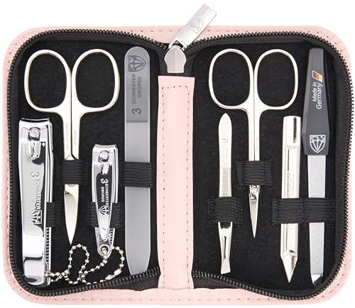 DREI SCHWERTER - Maniküreset 'Roma' - Nageletui mit 8 Instrumenten: Nagelschere, Hautschere, Fuß/Finger-Nagelknipser, Nagelreiniger, Pinzette, Glasnagelfeile, Saphirnagelfeile - rosa