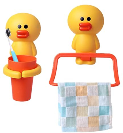 Jauhmui Zahnputzbecher Handtuchhalter Set für Kinder ohne Bohren (Küken)
