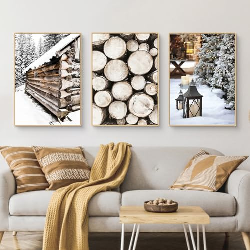 CULASIGN 3 Stück Premium Poster Set, Winterlandschaft Wandbilder, Winter Bilder Holzhaus,Tannenzapfen,Tiger, Deko für Wohnzimmer Schlafzimmer, Ohne Rahmen (GHI,30x40cm)