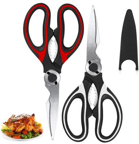 SHARRLA 2PCS of Kitchen Scissors Heavy Duty Stainless Steel Kitchen Scissors with Safety Cover - Pizza Scissors - Multi Purpose Shears for Chicken UK Dish Washer Safe(Red Black+ White Black)