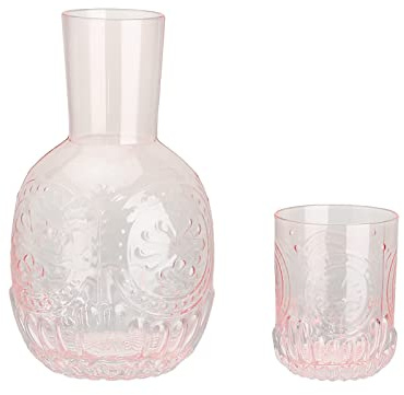Juego de Jarra de Agua Y Vaso Junto a la Cama, Jarra de Agua con Taza, Jarra de Vidrio con Vaso, Taza de Café Helado, Decantador de Enjuague Bucal para Baño(Rosa)
