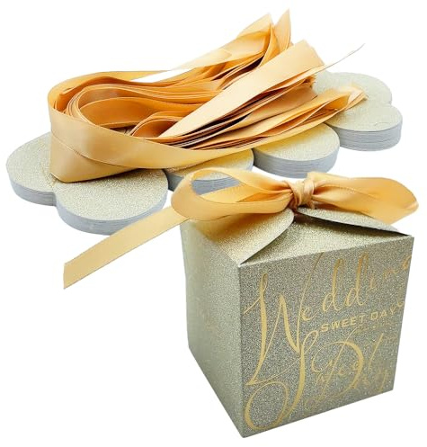 ONEBO 30 Stück Süßigkeit Kästen Gastgeschenk Box, Hochzeit Süßigkeiten Schachtel, Süßigkeitenschachteln aus Papier, Mit Schleife zum Binden, für Hochzeit Geburtstag Party(Gold-Glitter)