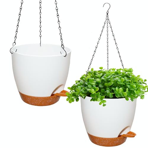 Blumentopf hängend Mit Bewässerungssystem,2er Set 20.5cm Blumenampel Plastik außen innen,Selbstbewässernd hängetopf für Pflanzen mit 3Hook für Innen Außen Decken Balkone Wanddekoration(Weiß)