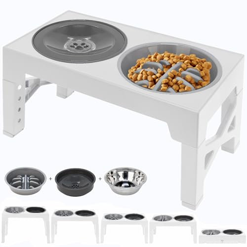 Polegas Raised Dog Bowl with Stand 3-in-1 Elevated Dog Bowl with Slow Feeder,Non-Spill Slow Water and Stainless Steel Bowls 5 Height Adjustable dog food stand for Small Medium Large Sized Dog(White)