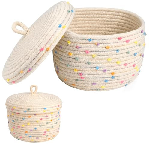 Runder Korb zur Aufbewahrung, Korb mit Deckel Boho Baumwollseilkorb geflochtener Korb zum Organisieren Seilkorb, Aufbewahrungskorb für Spielzeug, Geschenke, Durchmesser 25 x 16 cm