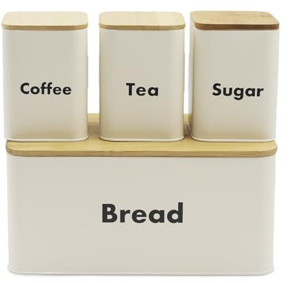 Plexon Boîte à pain pour comptoir de cuisine avec 3 boîtes à café, thé, sucre, lot de 4 boîtes à pain en métal avec couvercle en bambou pour planche à découper, beige