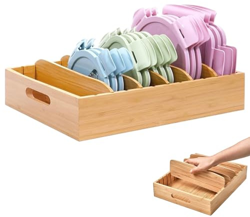 LPAMABA Rustic Wooden Bamboo Box Adjustable Pot Lid Storage Organiser with 5 Dividers 2 Handles Kitchen