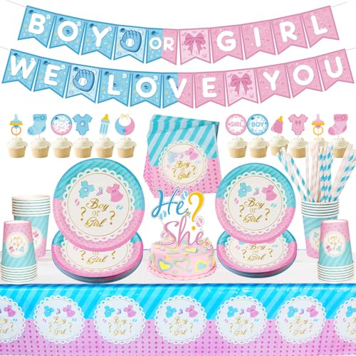 Baby Gender Reveal Party Decoration, Boy or Girl We Love You Banner, Tablecloth, Cake Topper, Plates, Napkins Cups, Straw, Tableware for Baby Gender Reveal Party Supplies, Serves 25