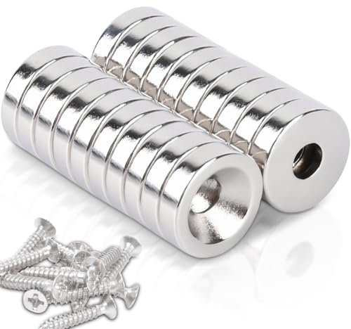 Neodym Magnete Extra Stark 12x3 mm Blende 4mm, 20 Stück Topfmagnet mit Schrauben, Neodym Magnete Mit Loch Klein Starke Magnet Flach für Küchen Kühlschrank, Lager, Büros