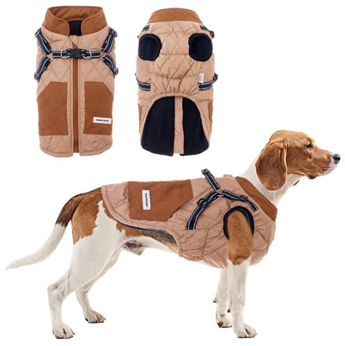 TOPSOSO - Cappotto invernale per cani con imbracatura, cerniera, strisce riflettenti, doppio anello a D, patchwork alla moda per cani di taglia media (cachi XL)