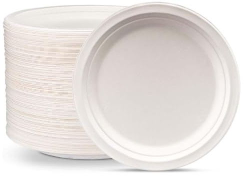 iPEAK 50Pcs Disposable Paper Plates Biodegradable Bagasse Paper Dishes Trays Natural Recyclable Ideal for Birthday, Anniversary, BBQs, Picnics, Parties Suitable for Hot & Cold Food (10 Inch, 50 Pack)