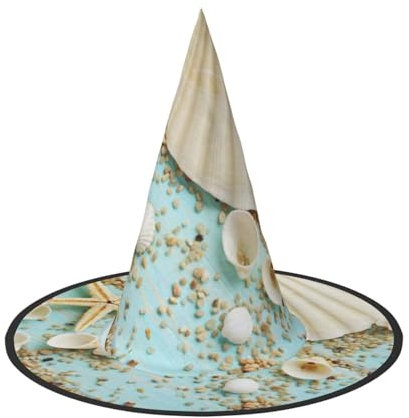 YFSGDLBN Ozean, Meer, Strand, Muscheln, Seestern, blau, bedruckt, Halloween-Hut, Hexenhut, spitzer Hut, dekorativer Hut