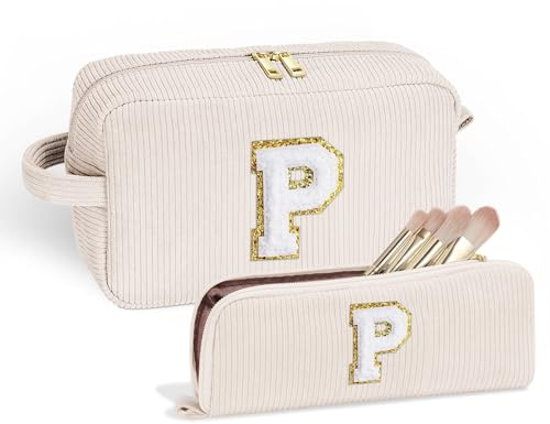 Parima Kosmetiktasche Damen - Cord Reise Schminktasche Klein Make Up Tasche Organizer mit Kulturtasche Tragbare Makeup Bag Personalisierte Geschenke für Frauen Mädchen Kosmetiktasche mit Buchstaben P