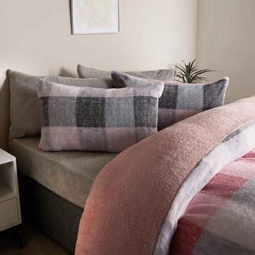 OHS Gingham Check Double Teddy Fleece Bedding Set, Soft Warm & Fluffy Fleece Fabric Timeless Gingham Check Pattern Double Duvet Set with 2 Pillowcases, Blush