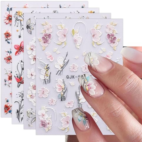 JMEOWIO 3D Nagelsticker Blumen Nail Art Sticker Selbstklebend Nagelaufkleber 5D Stereoskopisch Frühling Sommer Dekoration Nageldesign Zubehör 4 Blatt