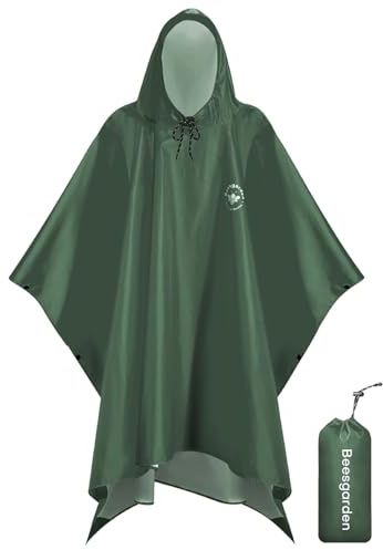 Beesgarden Waterproof Rain Poncho for Adult, Upgrade TPU Coating IP8000mm Waterproof Rating, Reusable Portable Unisex Hooded Rain Poncho for Outdoor Hiking, Camping, Concert, Travelling - Green