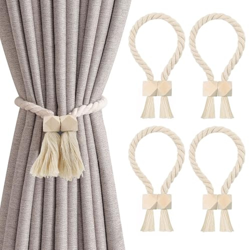 4 Stück Magnetische Vorhang Gardinenhalter Handgewebt Gardinen Raffhalter | aus Holz Boho Handgewebt Gardinen Raffhalter Vorhanghalter Raffhalter Magnetisch Baumwollseil Home Büro Gardinen Deko Beige
