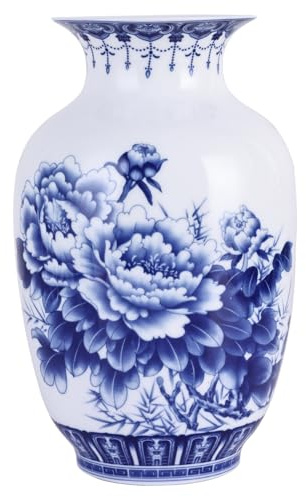 Vases à corps fin en porcelaine bleue et blanche fabriqués à la main – Chinoiserie chinoise traditionnelle chinoise à paroi mince motif melon d'hiver à large ouverture, parfaits pour la décoration de
