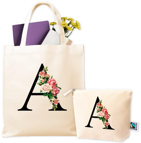 Tote Bag - Borsa Personalizzata - Borsa Tela con Iniziale + Beauty Coordinato, Lettere Personalizzate - Regalo Donna compleanno, Amica, Maestra, Compleanno, Anniversari, Regalo Donna Originale Utile