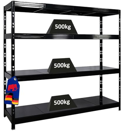 PROREGAL Profi Schwerlastregal Rhino EXTRA BREIT schwarz HxBxT 180x200x60cm Fachlast 500kg 4X Stahlplatten-Ebenen Garagenregal, Lagerregal, Steckregal, Weitspannregal