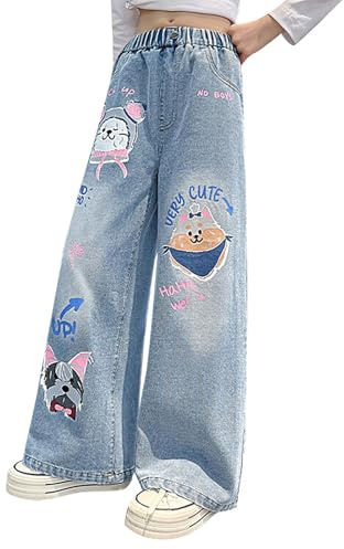 Jeans con estampado de animales lindos para niñas, cintura elástica, pierna ancha, holgados, pantalones de mezclilla para niños, cintura alta, pierna recta, jeans estéticos de moda, pantalones