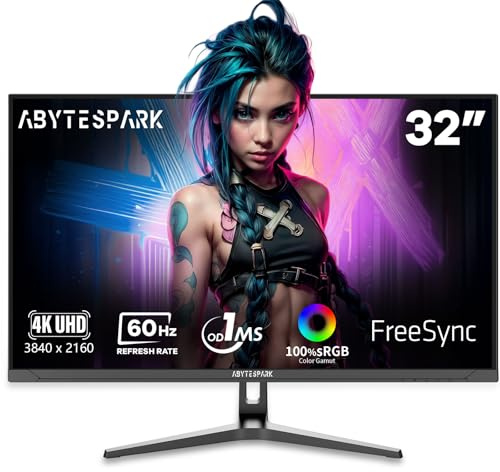 abytespark 32 Inch Ultra Wide UHD 4K (3840 x 2160) Gaming Monitor, IPS 60Hz Ultra-Clear Screen, 1ms (MPRT), 100% sRGB, Built-in Speaker,FreeSync, 2 x DP 1.4 and 2 x HDMI 2.0, Tilt Height Adjustment