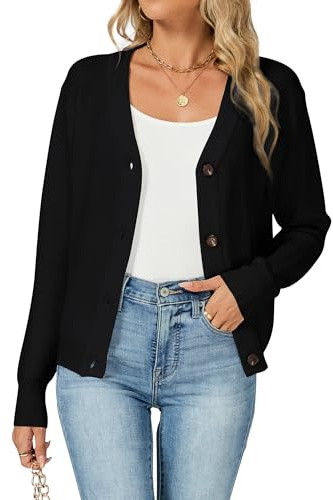 Famrrifuu Gilet Femme Cardigan avec Bouton Col en V Printemps Automne Hiver Manches Longues Veste Tricot Basique Casual Gilets, Noir, M