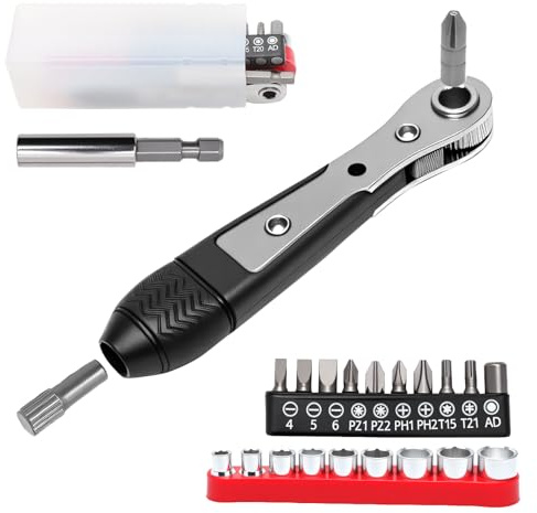 DAWRIS Mini Ratchet Set,1/4 Inch Ratchet Reversible Spanner,Suitable for Confined Spaces,20 Accessories—Phillips, Slotted, Hexagonal,Square, Socket Spanner,Short Screwdriver for Cars, Bicycles, DIY