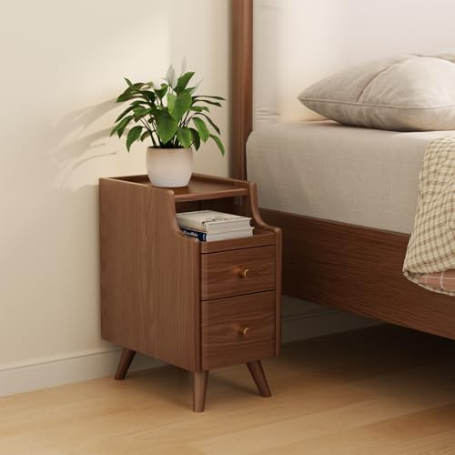 AQIMUELE Nachttisch Schmal, Holz-Beistelltisch mit 2 Schubladen, Nachtkästchen für Schlafzimmer, Wohnzimmer (Walnuss - Breite 30cm)