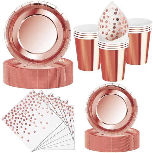 Nkaiso Set de Vaisselle Jetable 50 Pièces Rose Gold - 10 Assiettes 23cm, 10 Assiettes 18cm, 10 Gobelets, 20 Serviettes - Pour Événement Chic, Baby Shower, Mariage Moderne - 10 Invités
