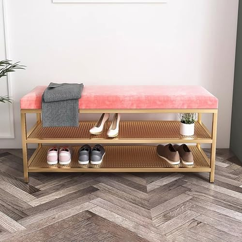 Moderne goldene Schuhregal Bank mit Samtkissen, 2-in-1 Eingangsbereich, Aufbewahrungssitz, stilvolle Polsterbank für Flur, Wohnzimmer und Schlafzimmer