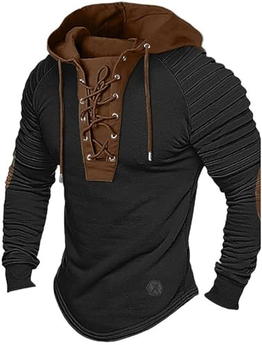 Generisch Felpa con cappuccio da uomo vintage vichinga per uomini, felpe medievali, top da combattimento outdoor, abbigliamento tradizionale, vestibilità regular, felpa con cappuccio tinta unita