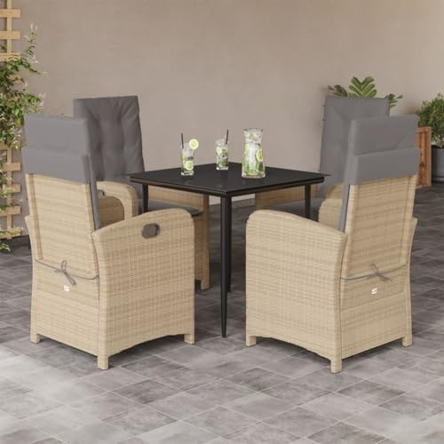 QJBSAVVA Gartenmöbel Set 5-TLG Poly Rattan Beigemischung 57 x 58,5 x 93 cm stapelbar mit Verstellbarer Rückenlehne und gepolsterten Kissen für Balkon Terrasse Küche und Wintergarten