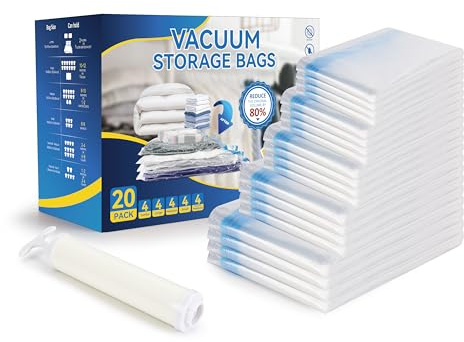 Vacuum Storage Bags for Clothes, Bedding, Duvets and Blankets – Heavy-Duty Space Saver Compression Bags with Airtight Double-Zip Seal, Leak-Proof Reusable Design, Hand Pump Included (20 Mix)