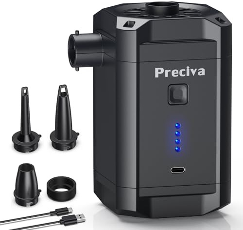 Preciva Elektrische Luftpumpe, 5200mAh Wiederaufladbare Akku Luftpumpe tragbar mit 3 Düsen USB-C für Luftmatratzen, Schwimmreifen Inkl. Tasche, 280L/Min Ideal für Strand, Gartenparty Reise