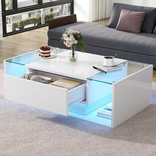 ModernLuxe High Gloss Coffee Table with LED, White Glass Coffee Table with Open Storage & 1 Drawer, Modern Centre Table, Rectangle Coffee End Table for Living Room & Office, 100 x 50 x 31 cm