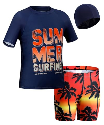 KAKU NANU Pack de Baño para Niños de 3 Piezas–Camiseta de Manga Corta Rashguard con Bañador y Gorro de Piscina–Protección Solar Secado Rápido 5-13 Años