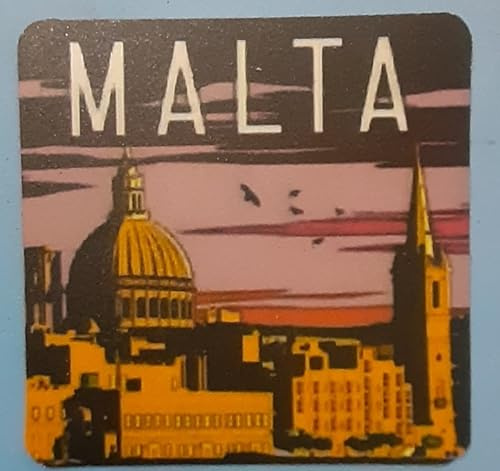 Magnete da frigorifero con skyline di Malta, design tramonto, souvenir di viaggio, decorativo, 6 cm quadrato